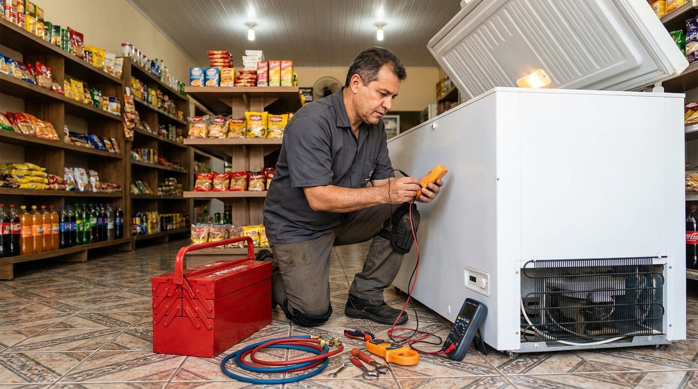 Recarga de gás refrigerante no freezer durante atendimento em Cuiabá‑MT