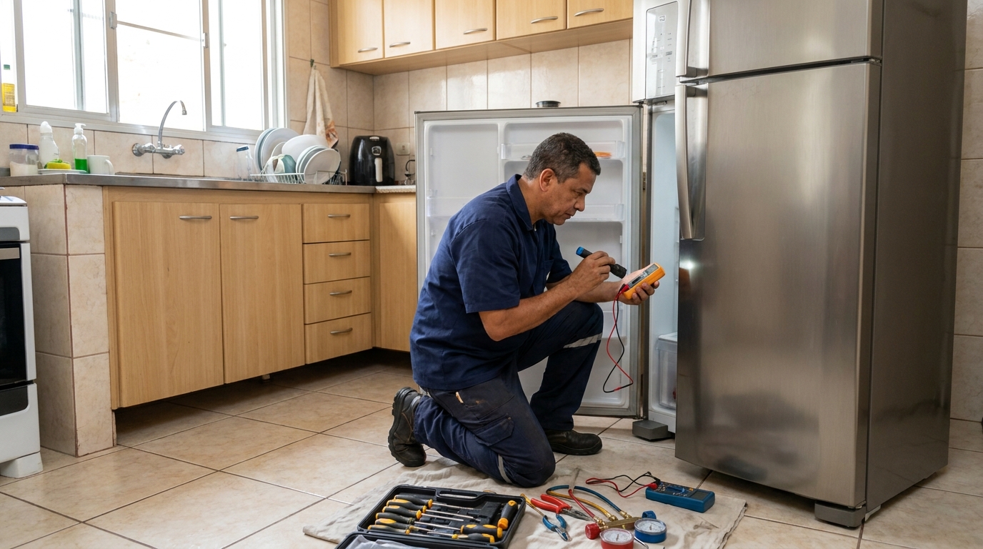 Técnico aplicando recarga de gás refrigerante em geladeira em Cuiabá‑MT